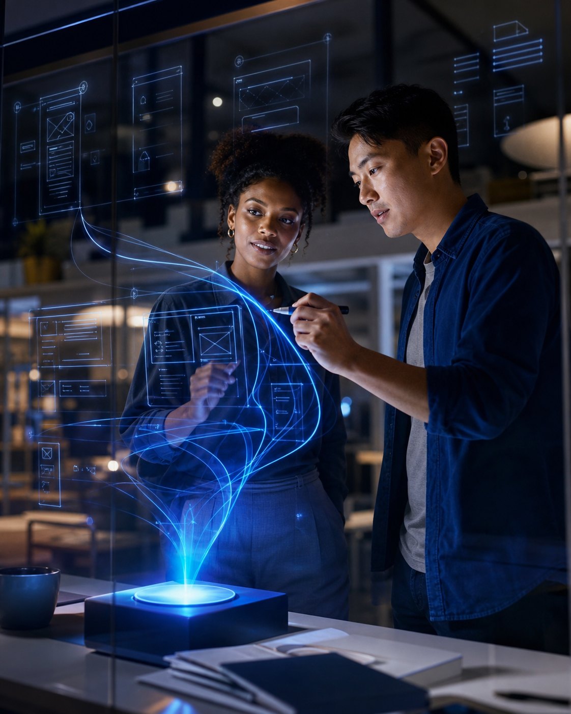Two product creators sketching ideas rising from a glowing Blue Well