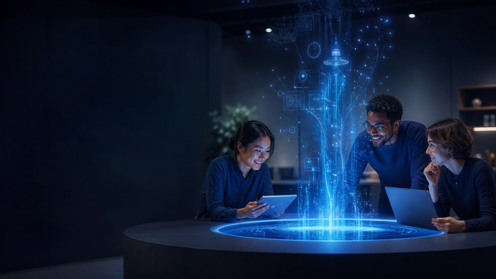 A diverse team gathered around a luminous fountain of technological ideas