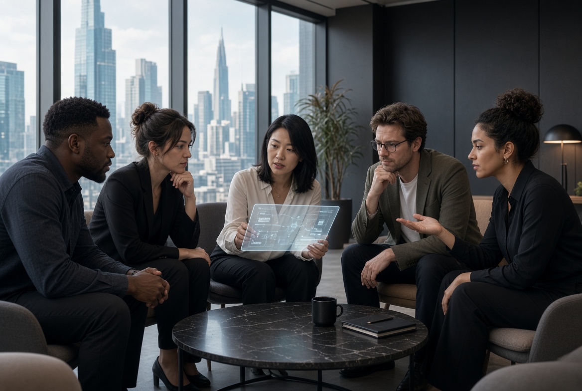 Developers collaborating on a software solution