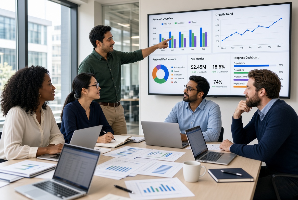 Blue Well team members collaborating in a modern office