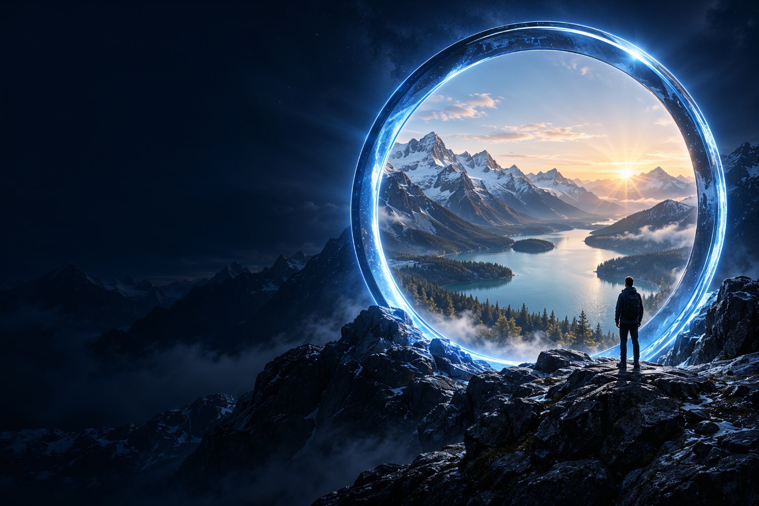 A luminous blue portal overlooking an alpine lake at sunrise